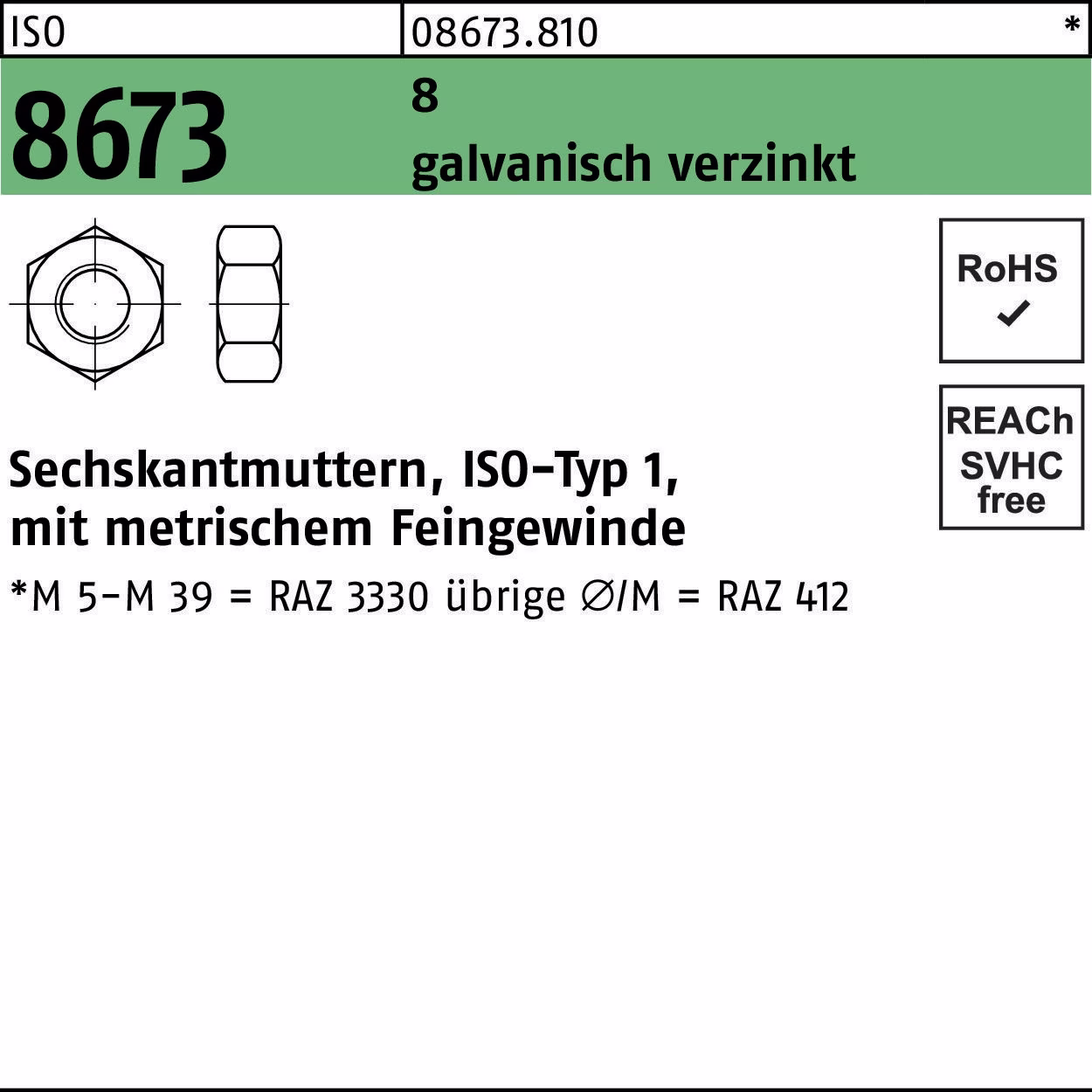 Sechskantmutter ISO 8673 M24x 2 8 galv.verz. 50 Stück