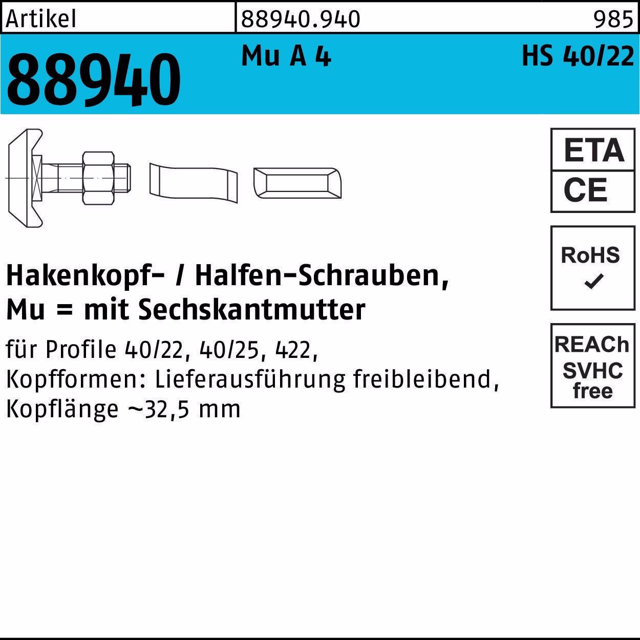 Hammerkopfschraube R 88940 40/22 6-ktmutter Mu A 4