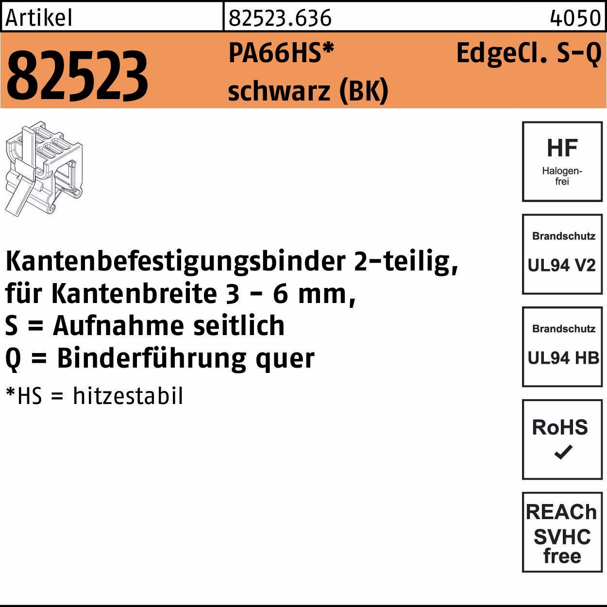 Befestigungsbinder R 82523 Edgecl. 4,6x200 PA66HS sw SQ 500St