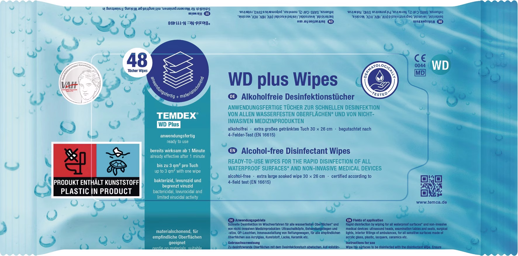 Desinfektionstücher TEMDEX® WD plus Wipes L300xB270ca.mm KT=6x48 Tü