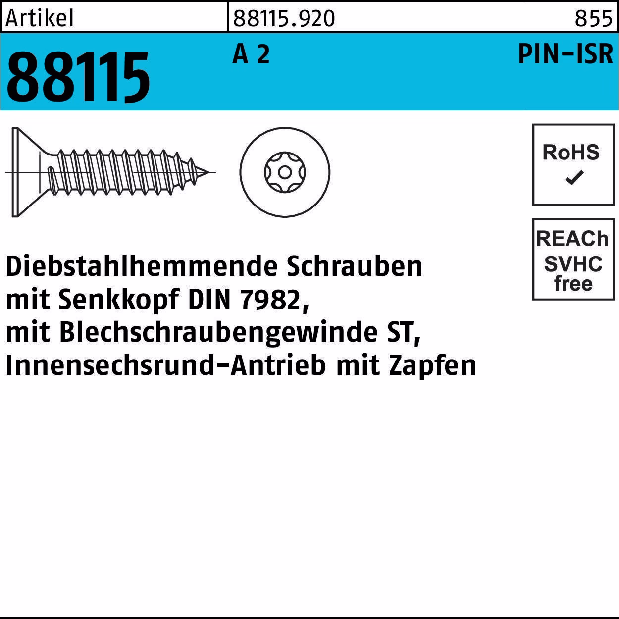 Schraube R 88115 diebstahlh. Seko ISR Zapfen 2 100