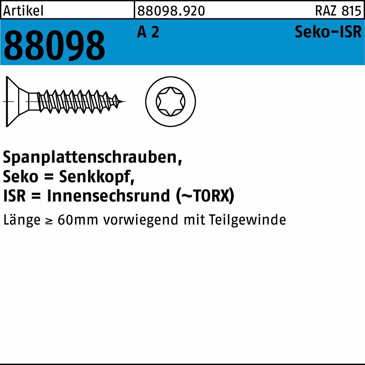 Spanplattenschraube R 88098 8 x 90 -T40 Austenite (A2) T40 50 Stück