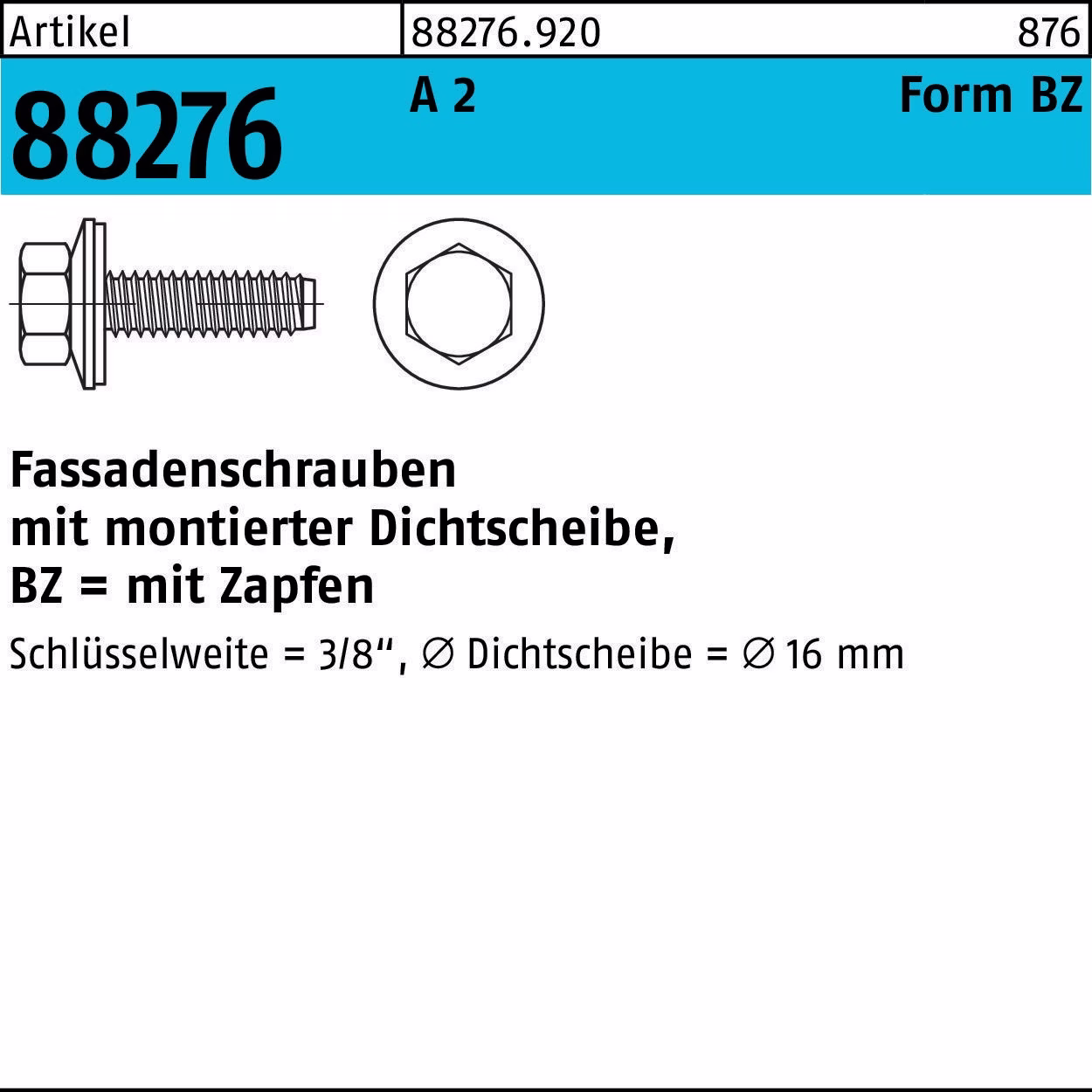 Fassadenschraube R 88276 Dichtscheibe/Zapfen BZ 6,3x 2