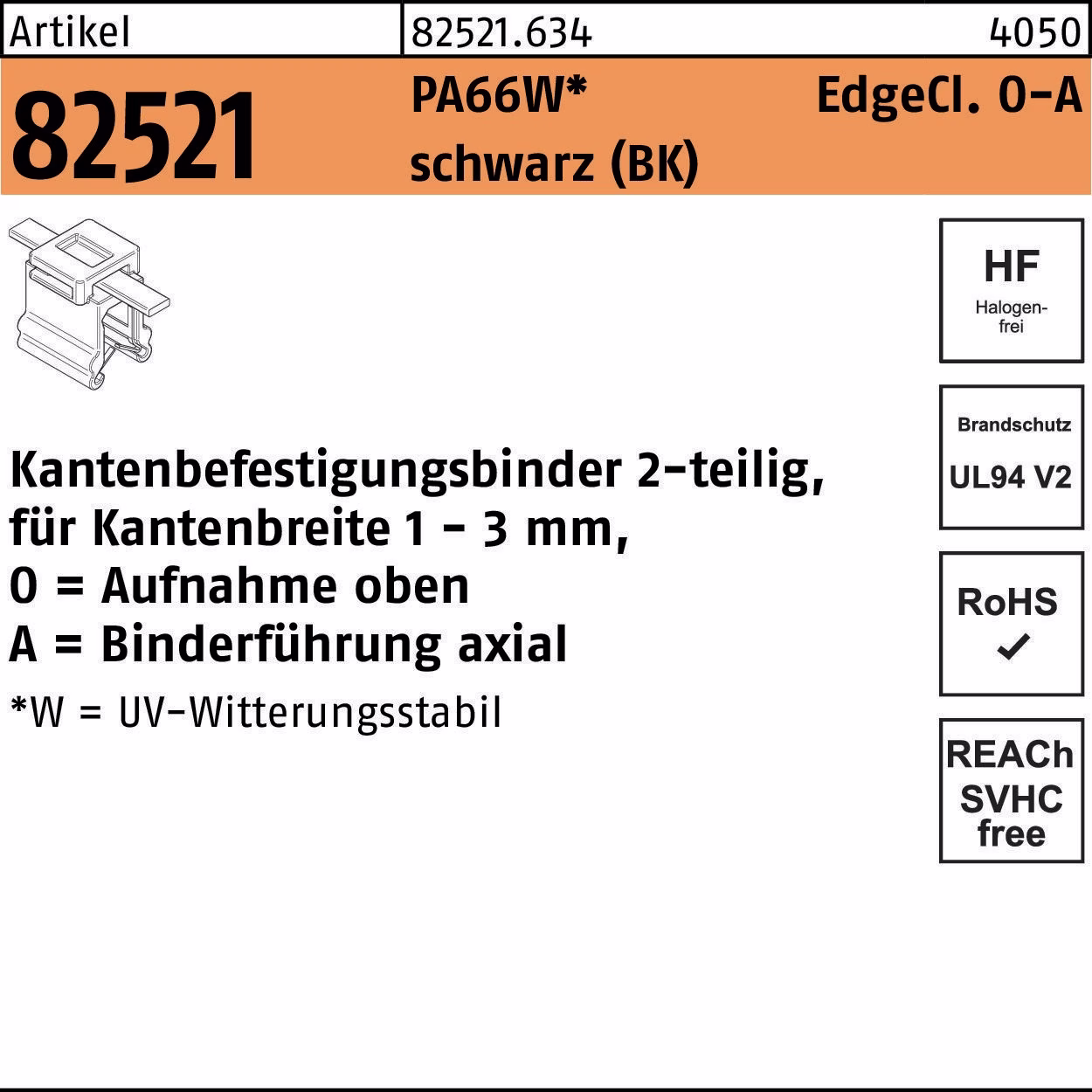 Befestigungsbinder R 82521 Edgeclip 4,6x200/45 PA66W sw 500St