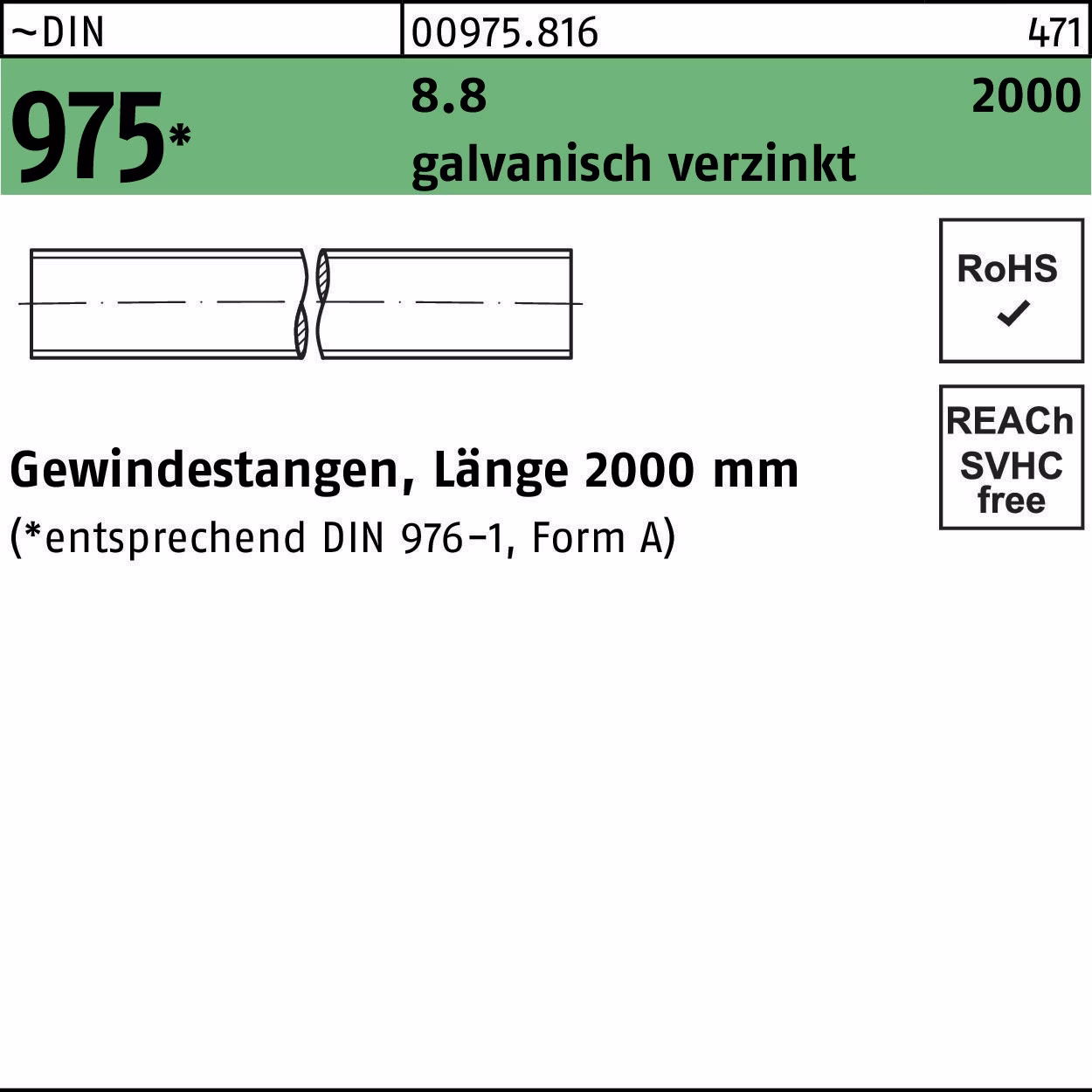 Gewindestange DIN 975 M42x 2000mm 8.8 galv.verz. 1 Stück