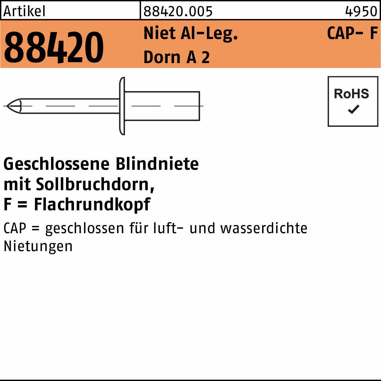 Blindniete R 88420 Flachrundkopf Niet Aluminium/Dorn A 2