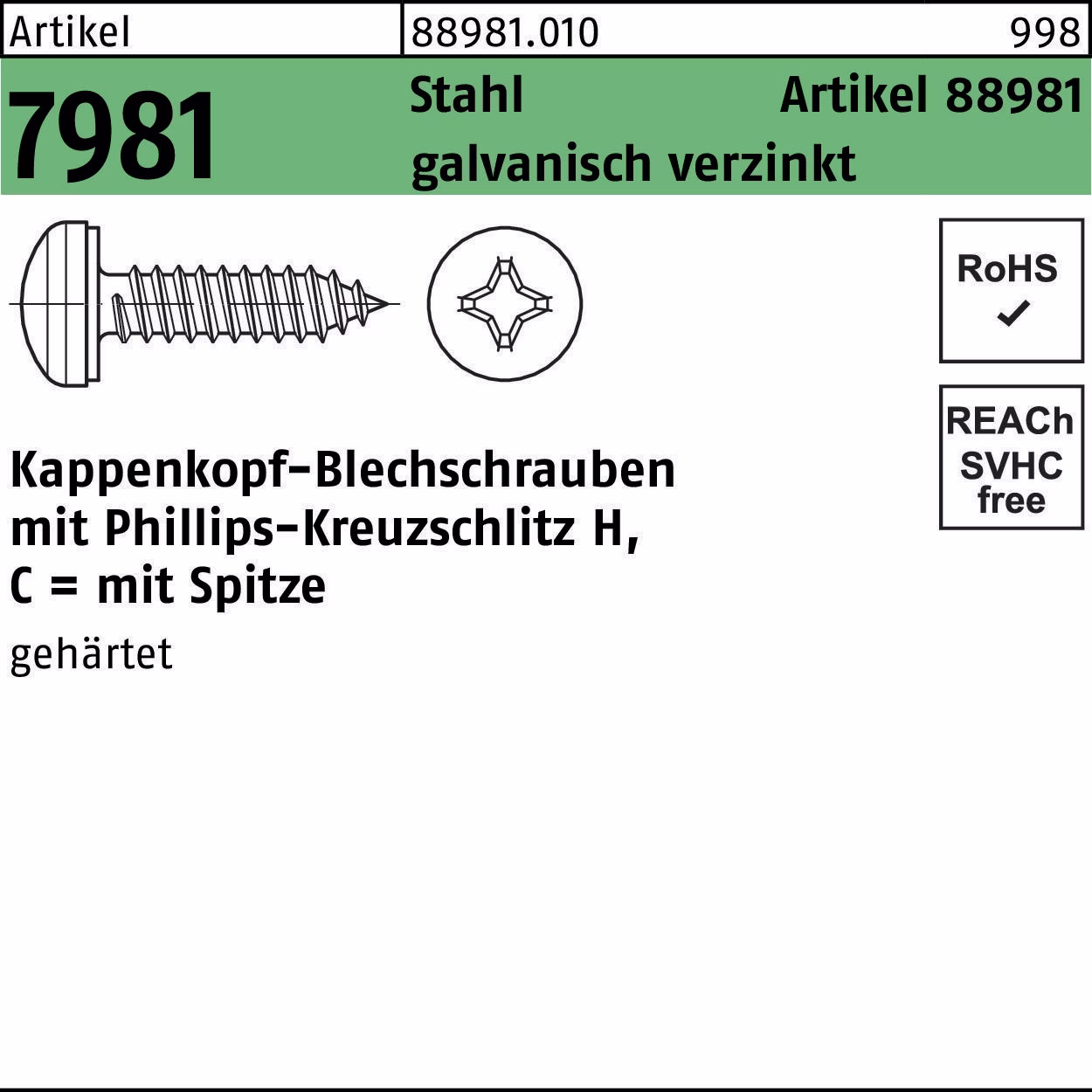 Kappenkopfblechschraube R 88981 PH Stahl galv.verz.