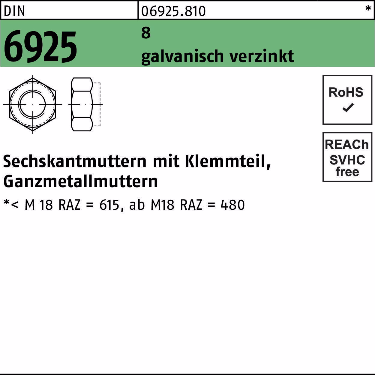 Sechskantmutter DIN 6925 Klemmteil 8 galv.verz.