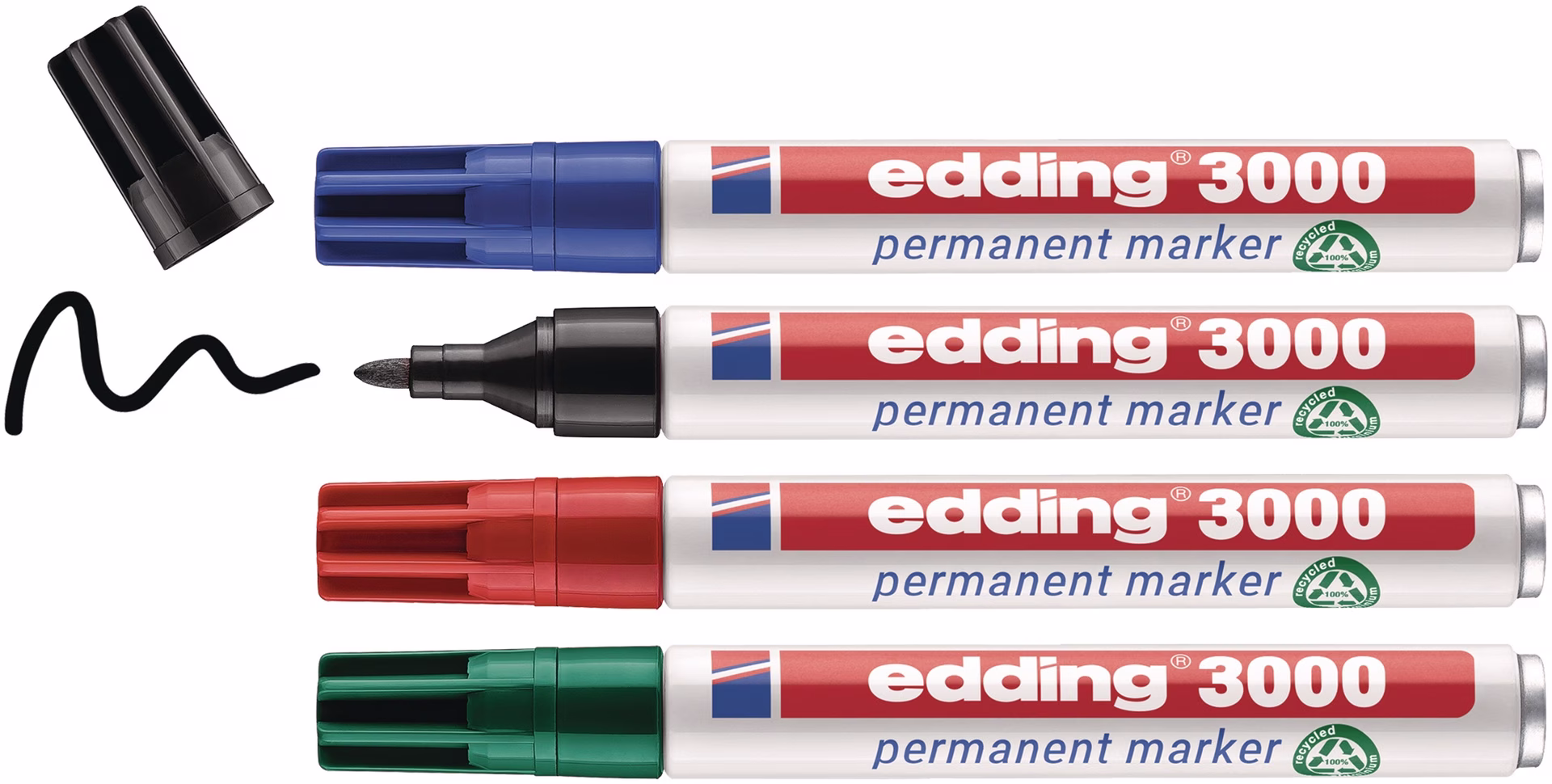 Permanentmarkerset edding 3000 schwarz/rot/blau/grün Strich-B.1,5-3mm Rundspitze
