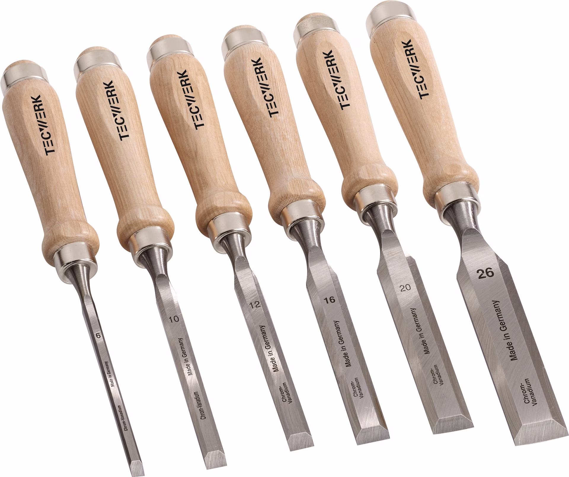 Stechbeitelsatz 6,10,12,16,20,26mm Weißbuchenh.Ulmer Form 6-tlg.Krt