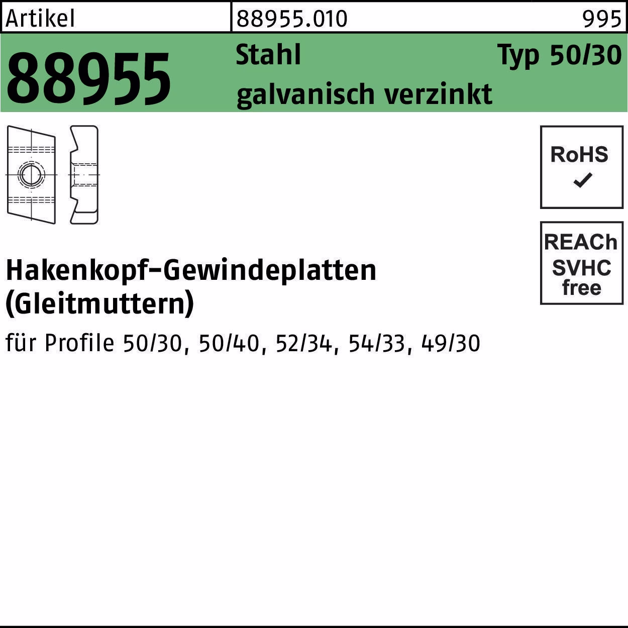 Hakenkopfgewindeplatte R 88955 Typ 50/30 Stahl galv.verz. 50