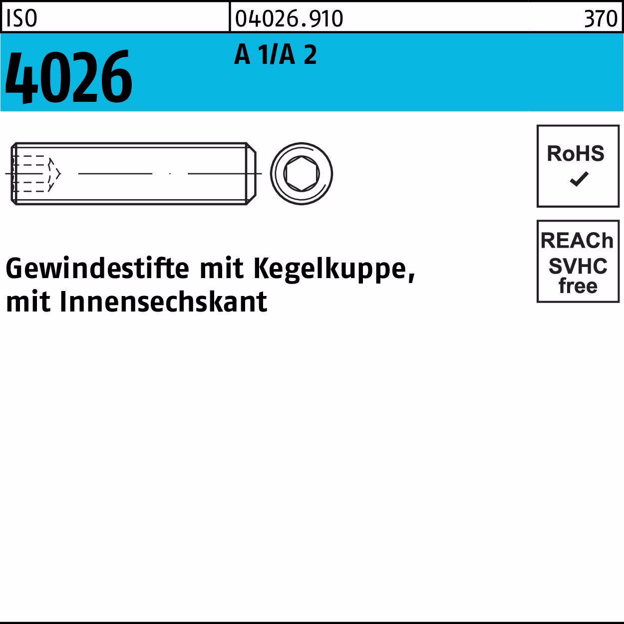 Gewindestift ISO 4026 Kegelkuppe/Innen-6kt M12x 12 A 1/A 2 50 Stück