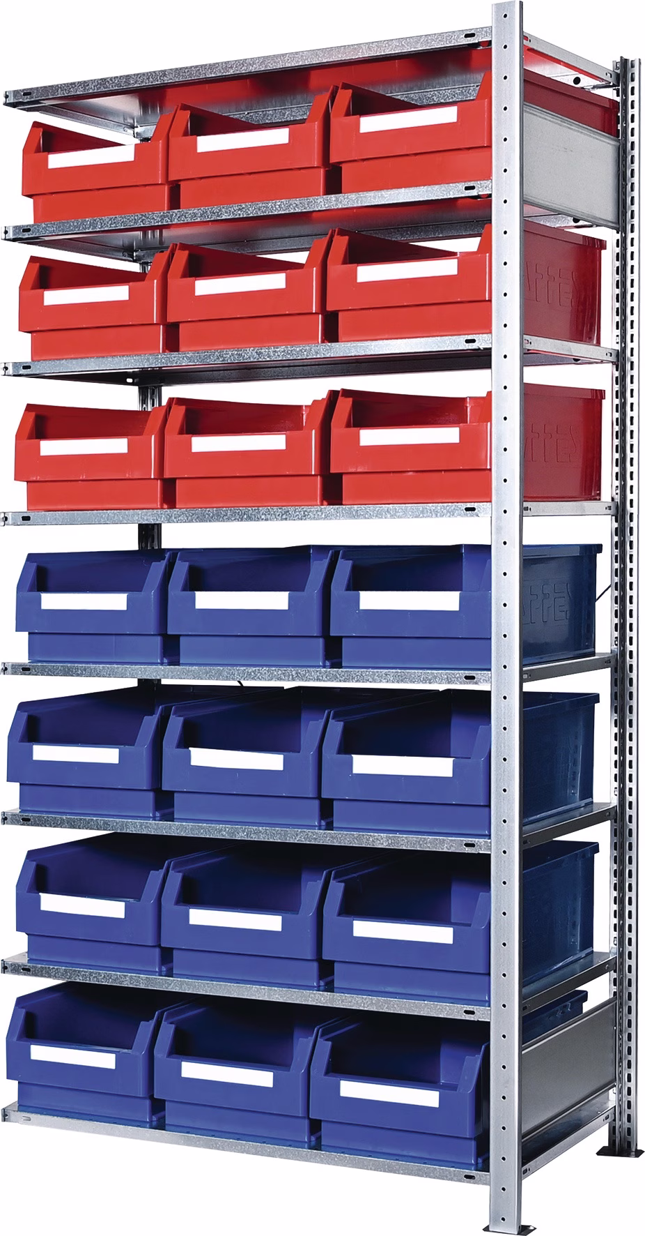 Steckregal H2000xB1000xT500 Anbauregal 8 Stahl-Bd.9xGr.2 blau,12xGr.2 rot