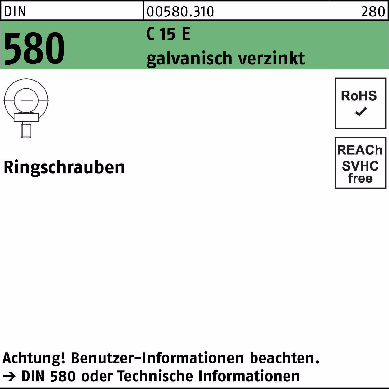 Ringschraube DIN 580 M8 C 15 E galv.verz. 25 Stück
