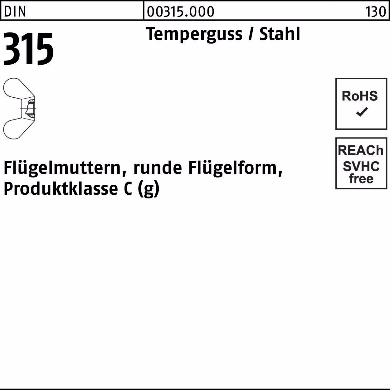 Flügelmutter DIN 315 runde FormM20 Temperguss 25 Stück