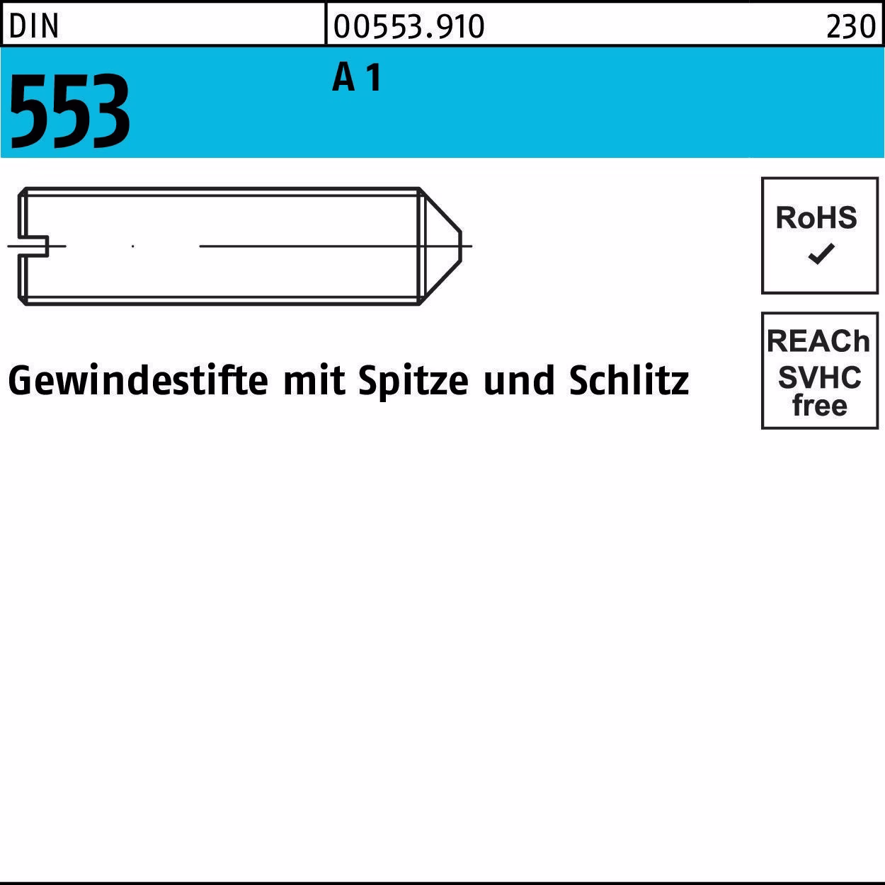 Gewindestift DIN 553 m.Schlitz/Spitze M3x 4 A1/1.4305 50 Stück