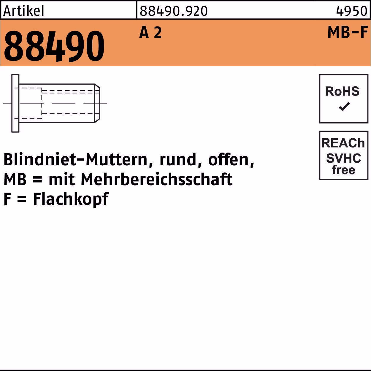 Blindnietmutter R 88490 FLAKO M8/0,5 - 6,5 A 2 100 Stück