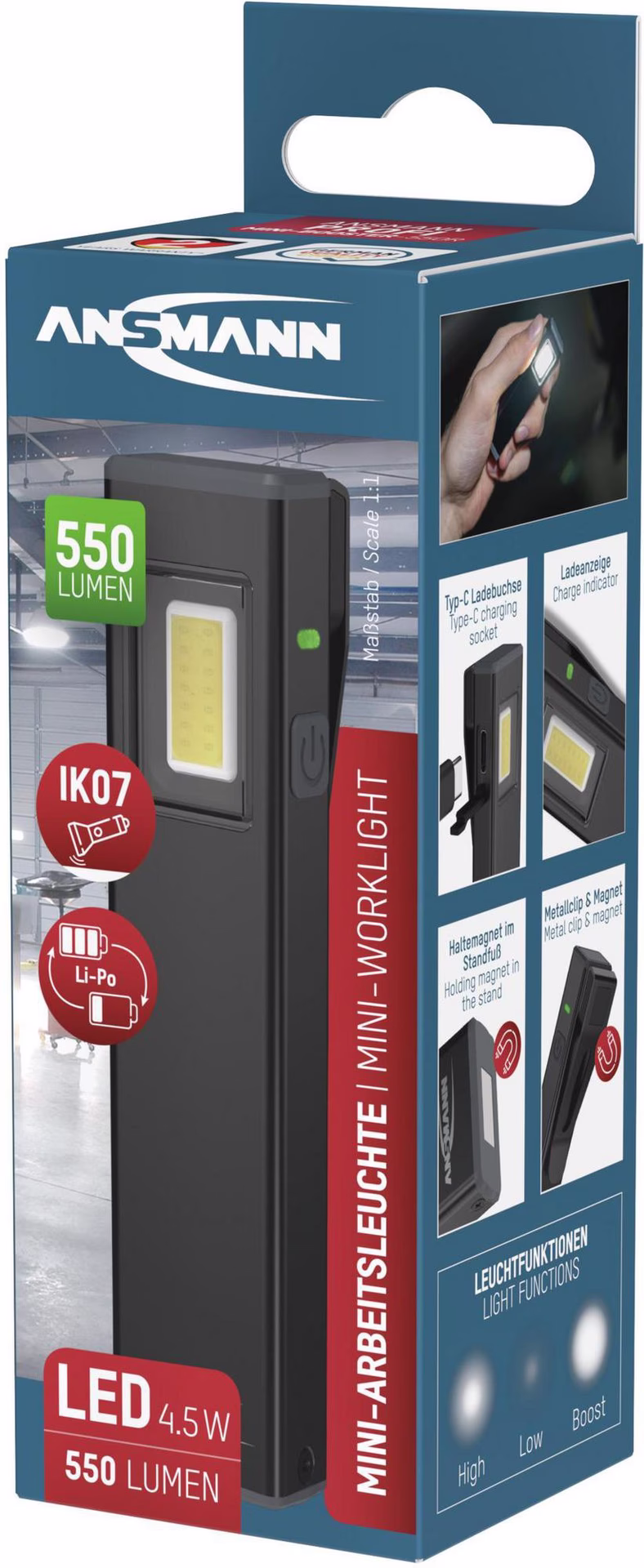 LED-Akkuhandleuchte 3,7V 600 mAh 50cm 130-550 lm Ladezeit ca.2,5 h