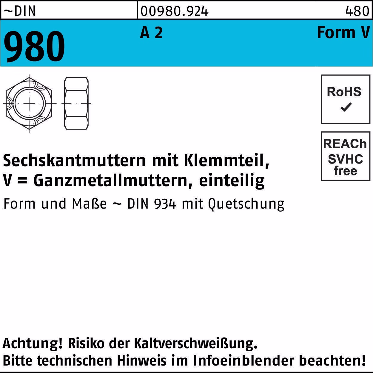 Sechskantmutter DIN 980 Klemmteil VM 2